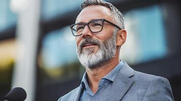 Mature Man with Gray Beard and Glasses Thoughtful Expression Outdoor Portrait photo