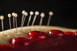 Close up of Pins Puncturing a Creamy Surface with Red Glaze Abstract Texture photo