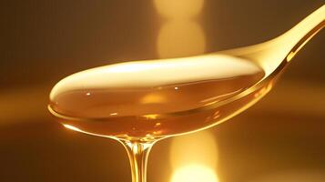 Golden Honey Dripping from a Spoon Close Up Macro Shot of Viscous Liquid photo