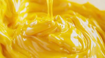 Vibrant Yellow Liquid Pouring Abstract Texture Background Close Up Glossy Swirling Rich Color Fluid photo