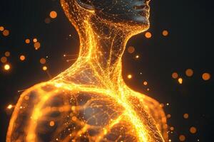 Glowing Golden Abstract Human Form Network Connection Energy Technology Concept photo