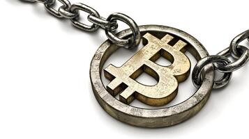 Secure Bitcoin Cryptocurrency Concept Gold Bitcoin Symbol Locked by Strong Metal Chain photo