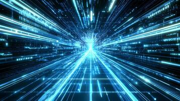 Futuristic Digital Highway Abstract Blue Data Stream High Tech Tunnel of Light and Code photo