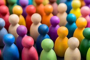 Diverse Crowd of Colorful Wooden People Figures Representing Unity and Diversity photo