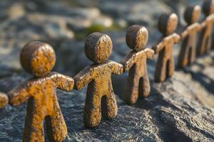 Rusty Figurines Holding Hands Unity Teamwork Collaboration Concept photo