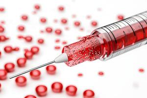 Medical Syringe Filled with Red Liquid and Surrounding Capsules photo