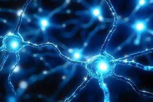 Microscopic View of Glowing Blue Neuron Network Neurological System Brain Cells Neural Connections photo