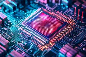 High Tech Microchip Close up Illuminated Circuit Board with Central Processing Unit photo