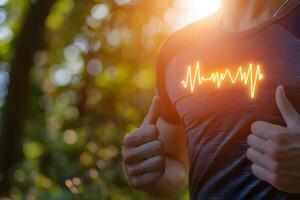 Healthy Heartbeat Man Showing Thumbs Up with Glowing Heart Rate Graphic on Chest Outdoors photo