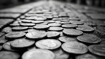 Numerous Silver Coins Scattered on a Dark Rough Surface Close Up View photo