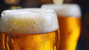 Close up of Two Frothy Glasses of Golden Beer Refreshing Drink Pub Scene photo
