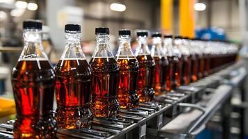 Factory Bottling Line Rows of Brown Soda Bottles on Conveyor Belt photo