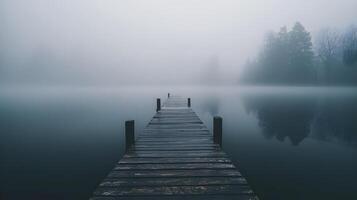 Serene Foggy Lake with Wooden Dock and Misty Trees photo