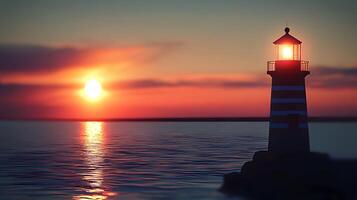 Serene Sunset Seascape Lighthouse Silhouette at Dusk Ocean View photo