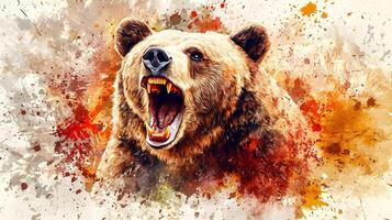 Powerful Grizzly Bear Roaring Watercolor Abstract Art Wildlife Nature photo