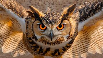 Majestic Great Horned Owl with Intense Orange Eyes Wings Spread Wide photo