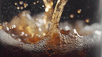Close up of Sparkling Brown Liquid Pouring with Bubbles and Foam photo