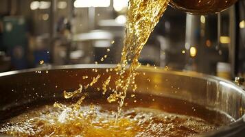 Golden Liquid Pouring into Large Industrial Tank Brewery Production Craft Beer Brewing Process photo