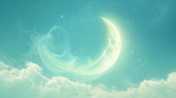 Dreamlike Crescent Moon in a Pastel Sky with Celestial Clouds and Stars photo
