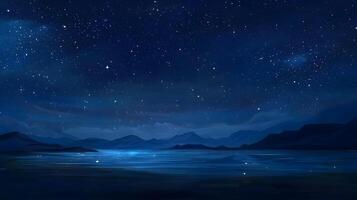 Serene Night Landscape Starry Sky over Calm Lake and Mountains photo