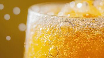Close up of Sparkling Orange Soda Bubbles in Glass Refreshing Summer Drink Texture photo