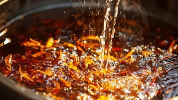 Amber Liquid Pouring into a Dark Container Water Splashing Close Up photo