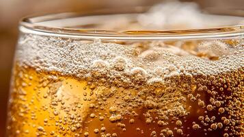 Close up of Sparkling Golden Beverage with Ice Cubes in Glass photo
