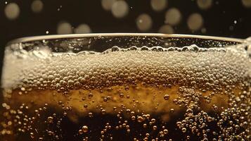 Close up of Sparkling Golden Beverage with Bubbles in Glass photo