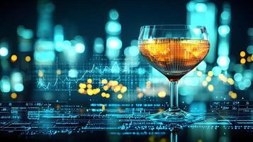 Glass of Wine on Futuristic Digital Data Background City Lights Fintech Technology photo