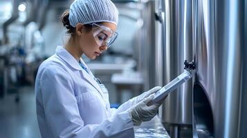 Female Scientist in Lab Coat Using Tablet Industrial Setting Biotechnology Research photo