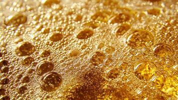 Golden Liquid Texture with Bubbles Close Up Macro Photography of Sparkling Beverage photo