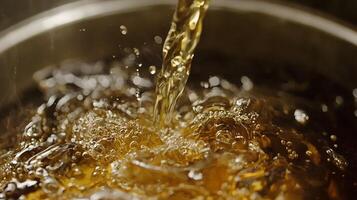 Close up of Amber Liquid Pouring into Boiling Water Bubbles and Steam Rising photo