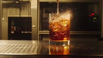 Refreshing Iced Brown Drink Pouring with Splash Bar Setting photo