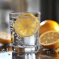 Refreshing Sparkling Water with Lemon Slice Close up Photography of Citrus Drink photo