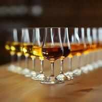 Row of Tasting Glasses with Golden Amber Alcoholic Beverages on Wooden Table photo