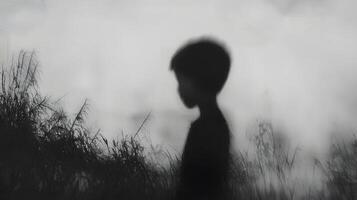 Solitary Child Silhouette in Misty Field Grayscale Photography Atmospheric Mood photo