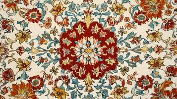 Intricate Floral Persian Rug Design Cream Red Detailed Textile Pattern Oriental Carpet Texture photo