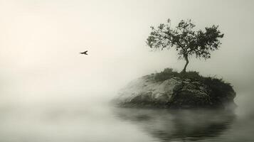 Serene Misty Landscape Solitary Tree on Island Bird in Flight Foggy Water photo
