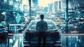 Futuristic Car Design Engineer Reviewing Digital Model of Electric Vehicle in Modern Cityscape photo