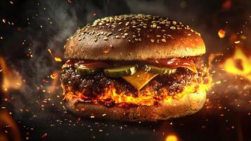 Flaming Hot Burger Delicious Cheeseburger on Fire with Pickles and Sesame Bun photo