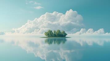 Serene Island Landscape Tranquil Ocean Lush Trees and Fluffy Clouds photo