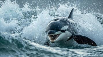 Orca Whale Surfacing Through Ocean Waves Powerful Aquatic Mammal in Action photo