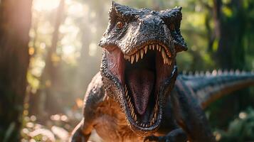 Roaring Dinosaur in Lush Jungle Prehistoric Predator Close Up photo