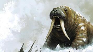 Majestic Arctic Walrus in Snowy Habitat Powerful Tusks Wildlife Portrait photo