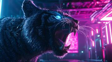 Cybernetic Tiger Roaring in Neon Lit Cyberpunk Cityscape photo