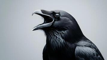 Majestic Raven Portrait Black Bird with Open Beak Detailed Feathers Close up View photo