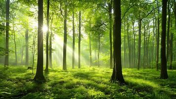 Serene Sunlight Streaming Through Lush Green Forest Tranquil Nature Scene photo