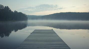 Serene Misty Lake Morning Wooden Dock Extending to Foggy Waters photo