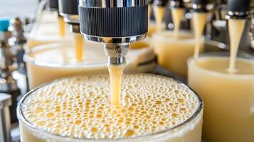 Automated Beverage Production Line Close up of Creamy Liquid Filling Process photo