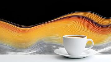 Cappuccino Coffee Cup on Saucer with Abstract Wave Background Design photo